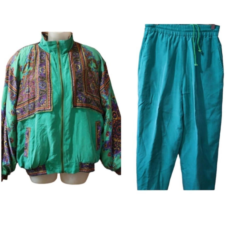 Great Cavalier Vintage Retro Green Mandala Silk Pant Suit Small